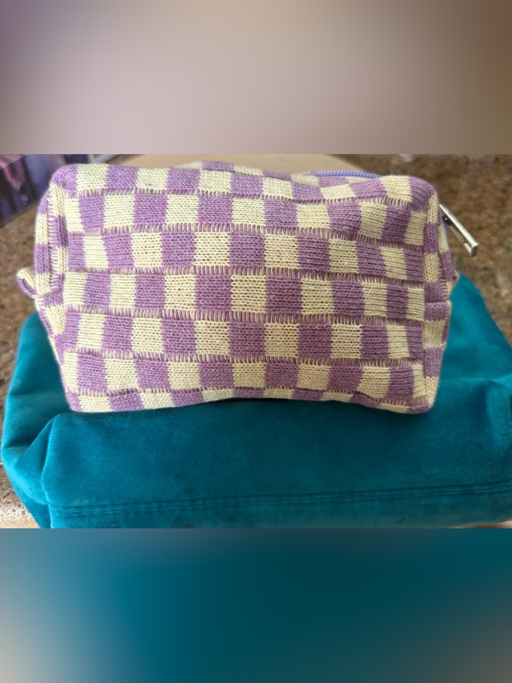 Bella Checkerboard Cosmetic Bag Zip Closure NEW